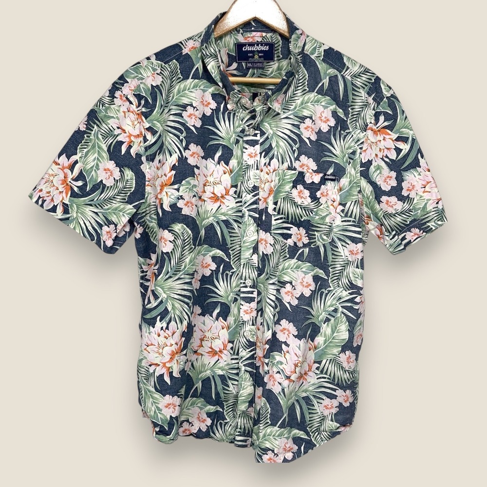 Chubbies Short Sleeve Hawaiian Shirt Men XL Green Blue Floral Cotton Stretch